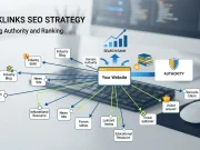 Backlinks SEO Strategy: Build Authority and Rank Professional infographic illustrating a backlinks SEO strategy with connected websites linking to a central domain, showing authority growth, higher Google rankings, organic traffic increase, keyword performance charts, and modern digital marketing elements on a clean blue and white background.