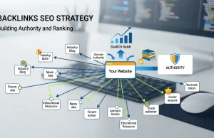 Backlinks SEO Strategy: Build Authority and Rank Professional infographic illustrating a backlinks SEO strategy with connected websites linking to a central domain, showing authority growth, higher Google rankings, organic traffic increase, keyword performance charts, and modern digital marketing elements on a clean blue and white background.