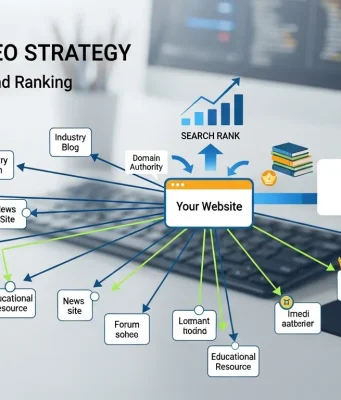 Backlinks SEO Strategy: Build Authority and Rank Professional infographic illustrating a backlinks SEO strategy with connected websites linking to a central domain, showing authority growth, higher Google rankings, organic traffic increase, keyword performance charts, and modern digital marketing elements on a clean blue and white background.