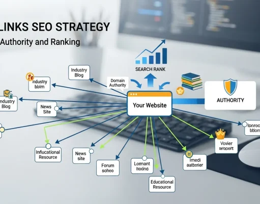 Backlinks SEO Strategy: Build Authority and Rank Professional infographic illustrating a backlinks SEO strategy with connected websites linking to a central domain, showing authority growth, higher Google rankings, organic traffic increase, keyword performance charts, and modern digital marketing elements on a clean blue and white background.