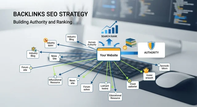 Professional infographic illustrating a backlinks SEO strategy with connected websites linking to a central domain, showing authority growth, higher Google rankings, organic traffic increase, keyword performance charts, and modern digital marketing elements on a clean blue and white background.