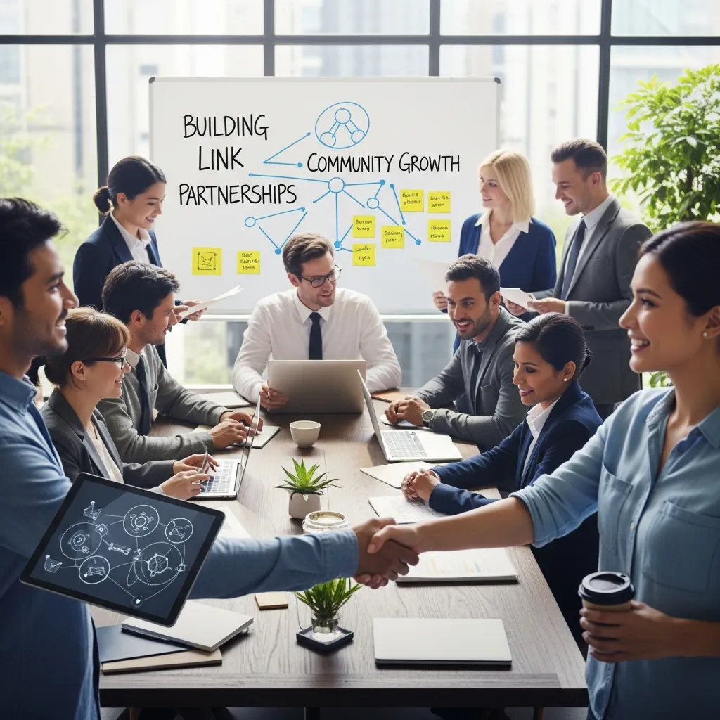 Illustration of collaboration between websites for link building and community engagement