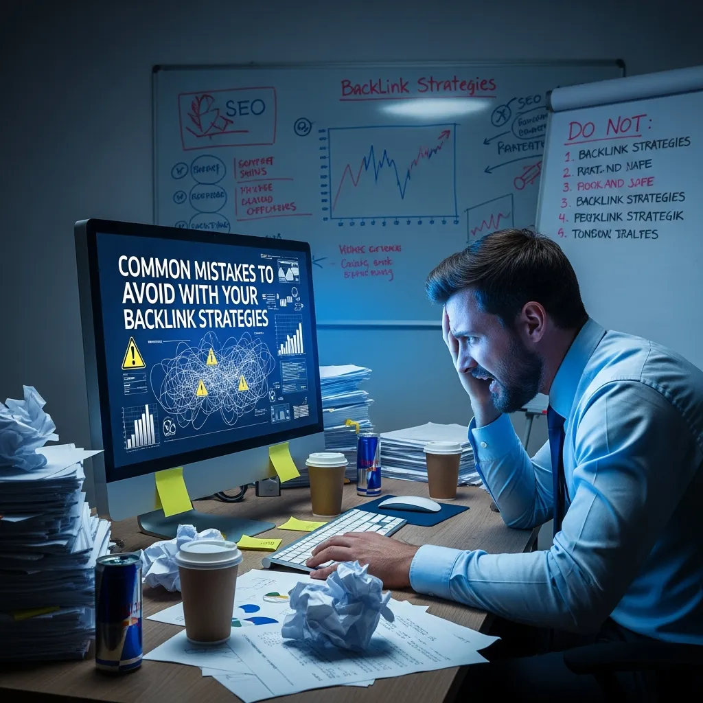 Infographic illustrating common mistakes to avoid with backlink strategies, featuring spammy link building, irrelevant backlinks, over-optimized anchor text, low-quality directories, buying links, broken or toxic links, poor outreach practices, and penalties leading to reduced search engine rankings and traffic loss.