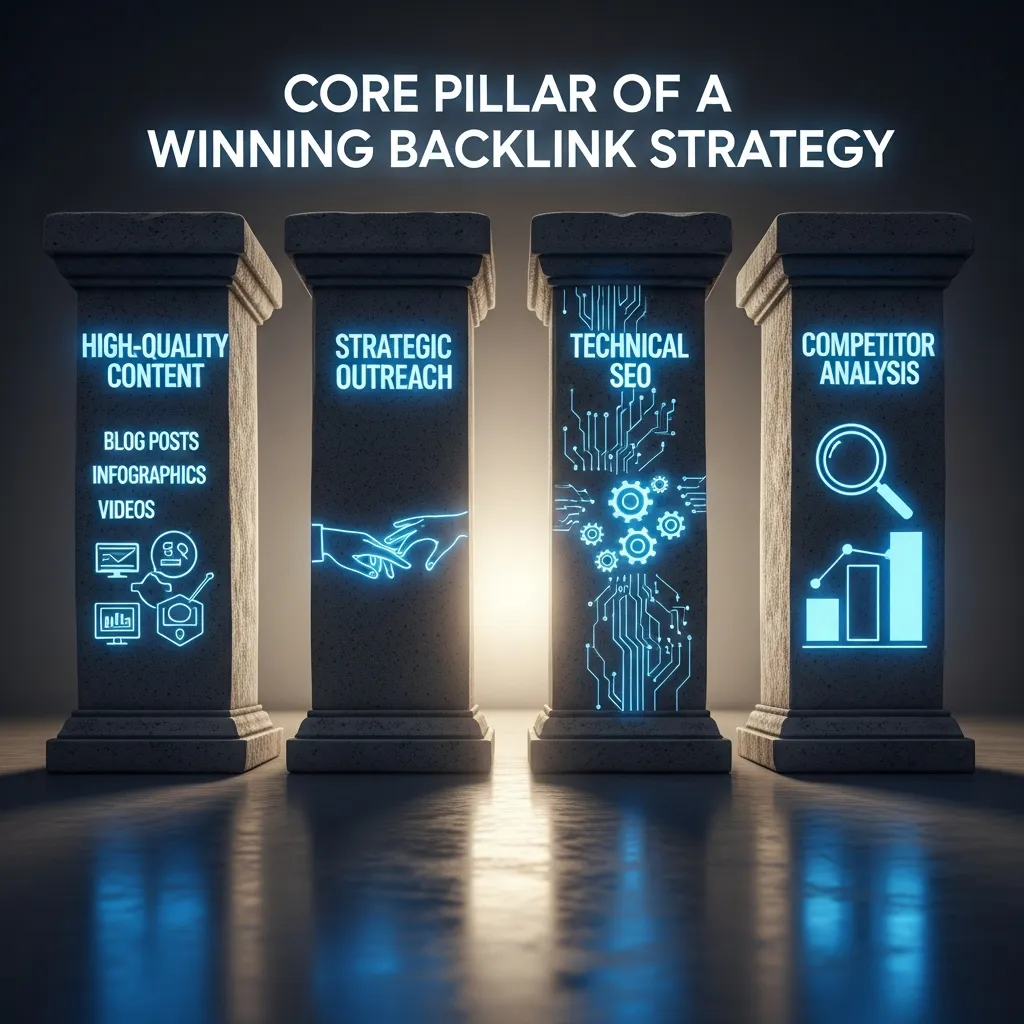 Visual guide highlighting key pillars of backlink strategy including authority, relevance, and outreach