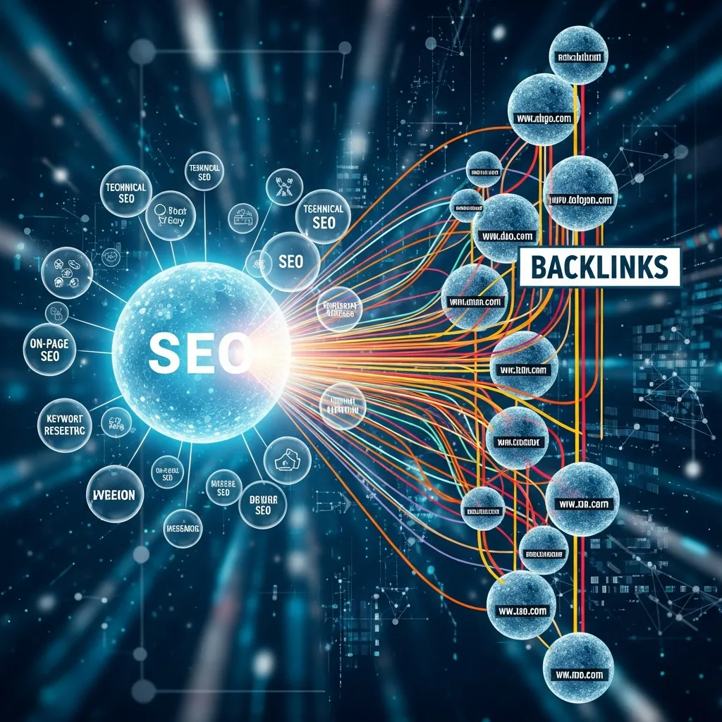 Professional infographic showing integrating backlinks with overall SEO strategy, combining link building, keyword research, on-page optimization, technical SEO, content marketing, and analytics into one connected system with ranking growth charts and a clean modern digital marketing design.