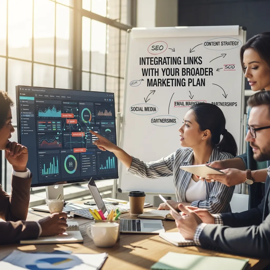 Infographic illustrating integrating links with a broader marketing plan, featuring SEO strategy alignment, content marketing synergy, social media amplification, digital PR campaigns, email outreach, brand partnerships, consistent messaging, and improved organic visibility through coordinated multi-channel marketing efforts.