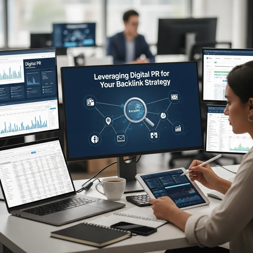 SEO concept graphic highlighting digital PR tactics for improving domain authority through backlinks