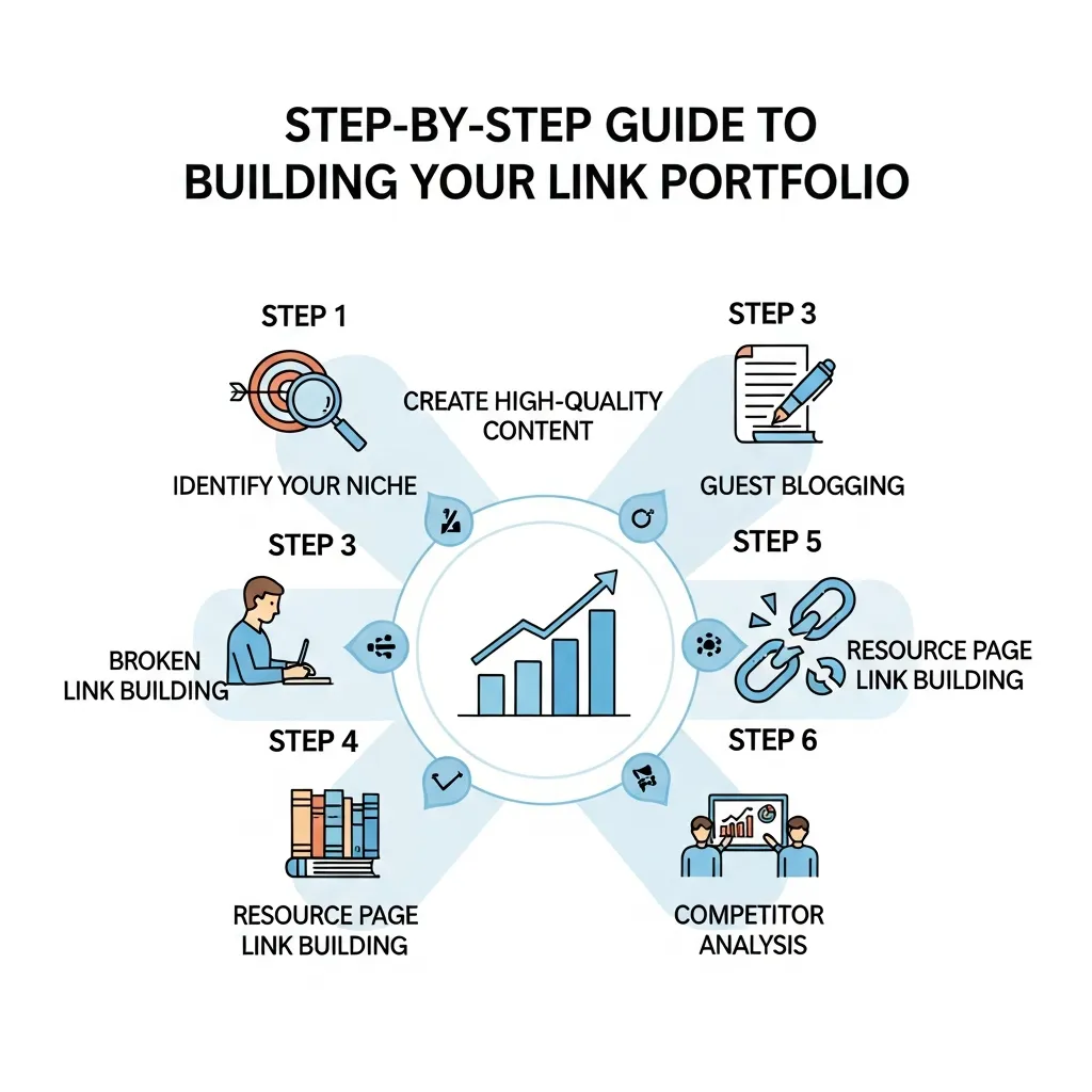 Infographic illustrating a step-by-step guide to building your link portfolio, featuring backlink research, competitor analysis, outreach campaigns, guest posting, content creation, link acquisition tracking, diversification of sources, and ongoing SEO performance monitoring for sustainable domain authority growth.