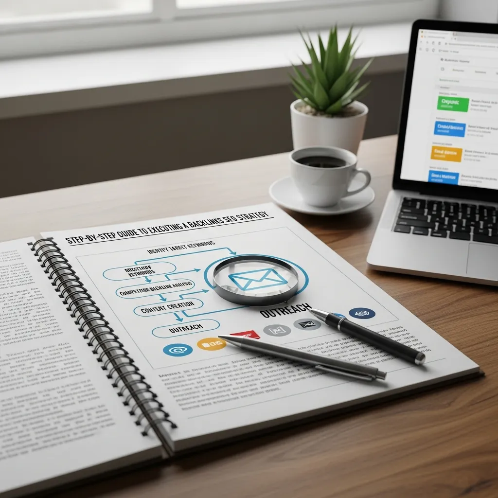 Modern infographic illustrating a step-by-step guide to executing a backlinks SEO strategy, featuring stages like competitor research, content creation, outreach, quality link acquisition, monitoring results, and ranking growth with charts, icons, and a clean professional digital marketing layout.