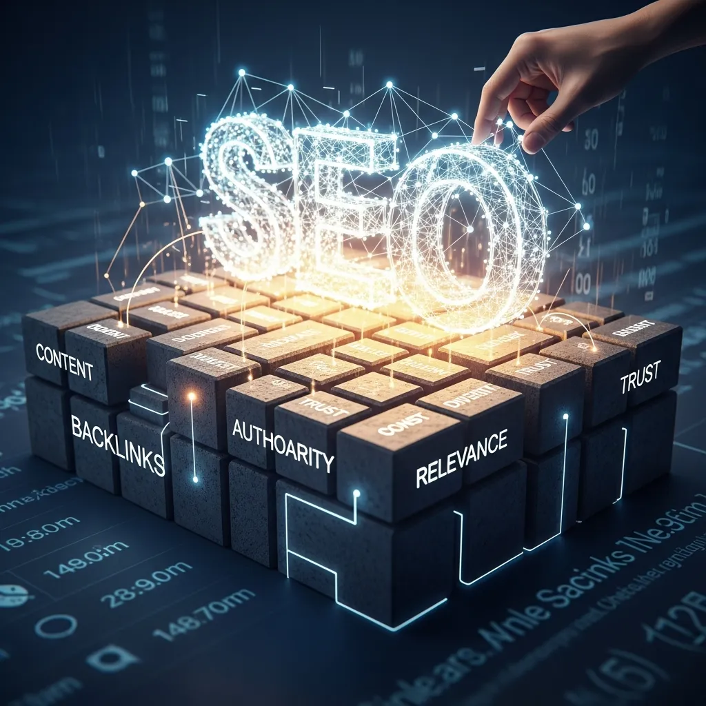 Clean digital marketing infographic showing the foundation of a backlinks SEO strategy with a central website supported by quality referring domains, link-building structure, search ranking growth, authority metrics, and SEO analytics dashboard in a professional blue and white design.
