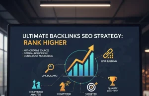 Ultimate Backlinks SEO Strategy: Rank Higher in 2026 Infographic illustrating an ultimate backlinks SEO strategy to rank higher, featuring authority link building, guest posting, digital PR outreach, niche-relevant backlinks, content marketing, internal linking structure, competitor backlink analysis, and improved search engine rankings with rising traffic graphs.
