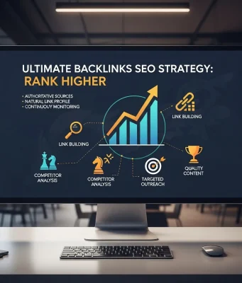 Ultimate Backlinks SEO Strategy: Rank Higher in 2026 Infographic illustrating an ultimate backlinks SEO strategy to rank higher, featuring authority link building, guest posting, digital PR outreach, niche-relevant backlinks, content marketing, internal linking structure, competitor backlink analysis, and improved search engine rankings with rising traffic graphs.