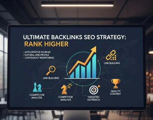 Ultimate Backlinks SEO Strategy: Rank Higher in 2026 Infographic illustrating an ultimate backlinks SEO strategy to rank higher, featuring authority link building, guest posting, digital PR outreach, niche-relevant backlinks, content marketing, internal linking structure, competitor backlink analysis, and improved search engine rankings with rising traffic graphs.