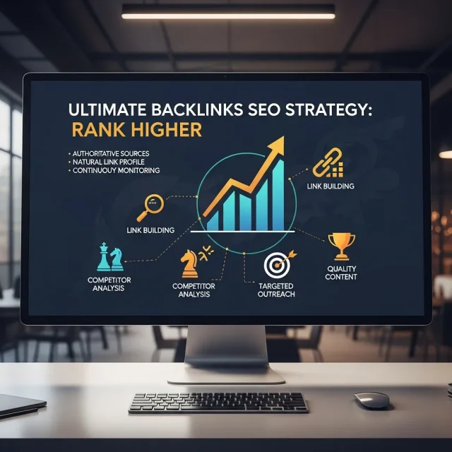 Infographic illustrating an ultimate backlinks SEO strategy to rank higher, featuring authority link building, guest posting, digital PR outreach, niche-relevant backlinks, content marketing, internal linking structure, competitor backlink analysis, and improved search engine rankings with rising traffic graphs.