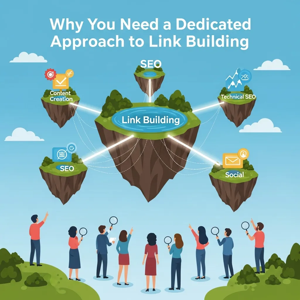 Infographic illustrating why you need a dedicated approach to link building, featuring structured SEO strategy, consistent outreach efforts, high-quality backlink acquisition, domain authority growth, content-driven link earning, competitive advantage, and improved search engine rankings through sustainable link building practices.