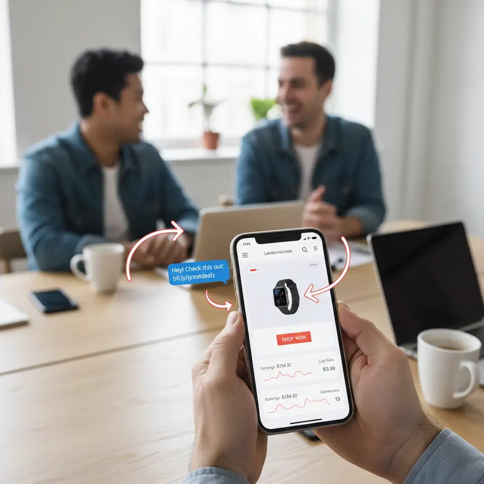 A smartphone screen showing an SMS message with a shortened affiliate link, arrows leading to a mobile-optimized landing page and a real-time affiliate commission dashboard