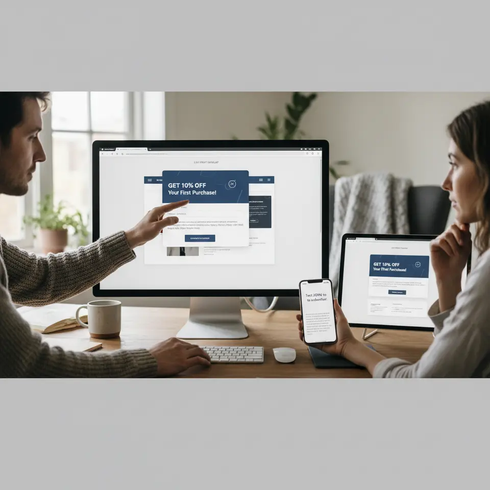 A detailed illustration of building a compliant SMS subscriber base: a desktop browser showing a pop-up form with an incentive (e.g., “Get 10% off”), an exit-intent overlay, a dedicated landing page, alongside a smartphone screen displaying “Text JOIN to 12345” opt-in with clear consent language and privacy disclaimer