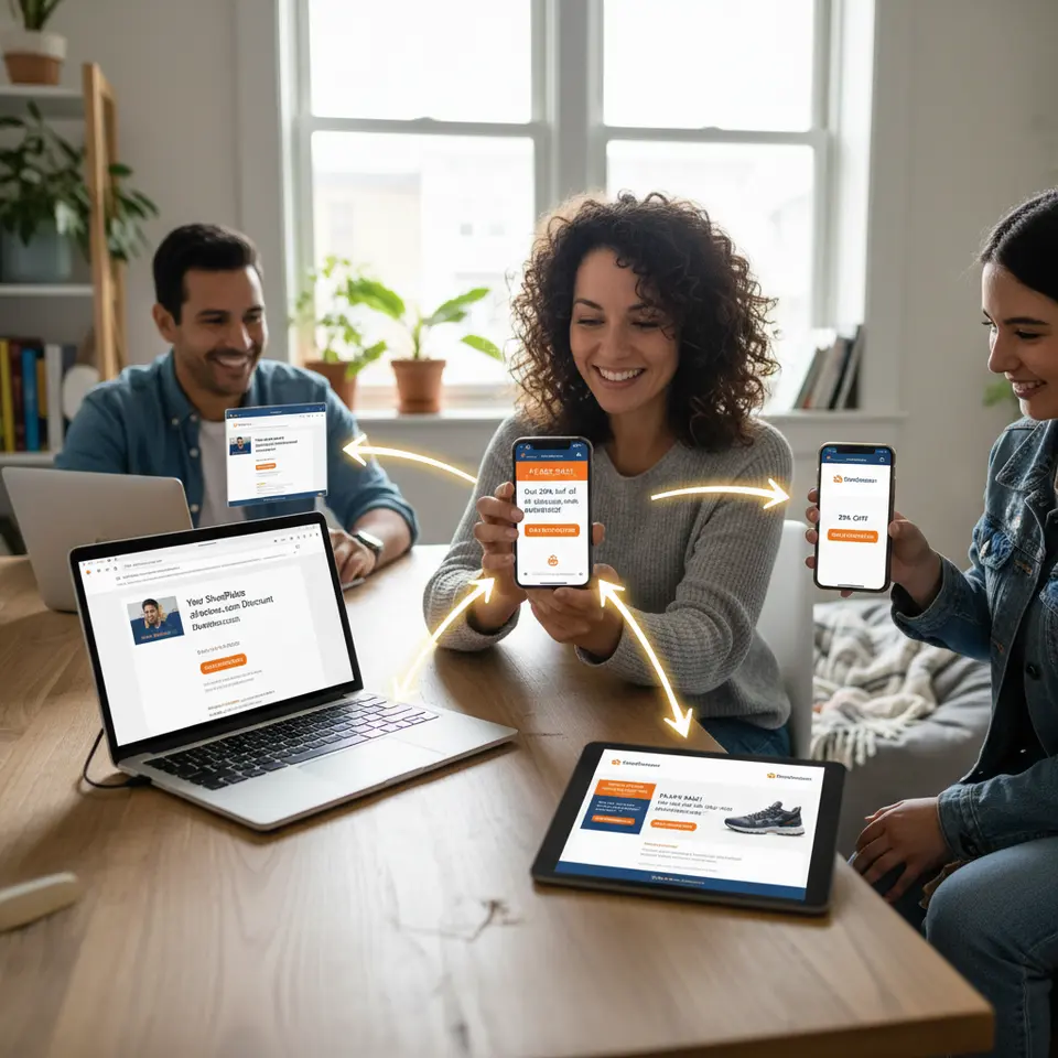 A dynamic multi-channel integration flow: a smartphone displaying an SMS affiliate offer at the center, connected by arrows to an email inbox on a laptop, a push notification on a mobile device, and a social media ad banner on a tablet, all sharing cohesive branding and synchronized messaging