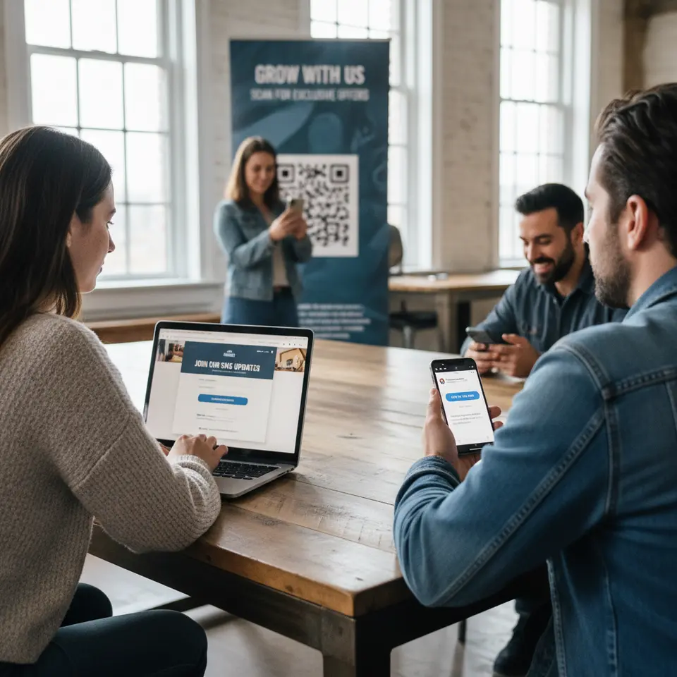 Multi-channel Subscriber Acquisition: an illustration showing various touchpoints converging into an SMS sign-up—website pop-up form on a laptop screen, a social media ad opt-in on a smartphone, an event booth with a QR code being scanned, and a confirmation text arriving on a mobile device